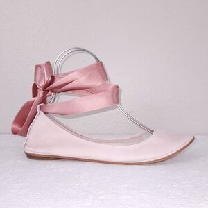 ELE Ballet Flats Handmade Pink Satin Ribbon Lace Up Shoes